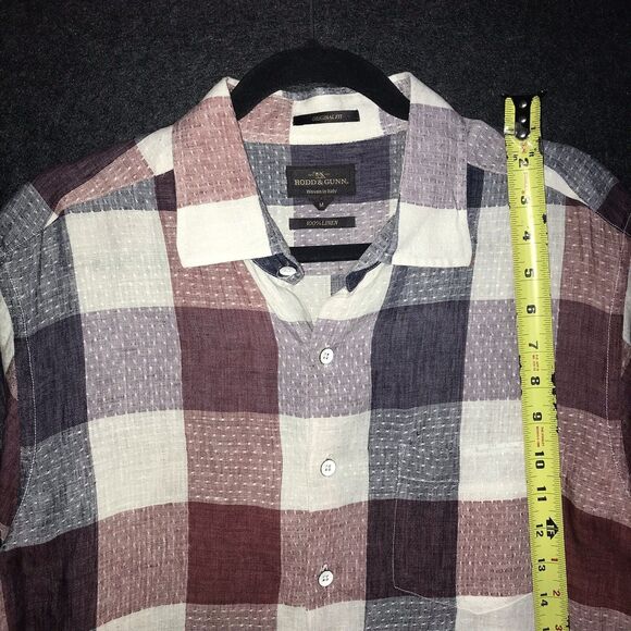 Rodd & Gunn Short Sleeve Button Up Shirt Men's Medium 100% Linen Red White Blue - Picture 8 of 9